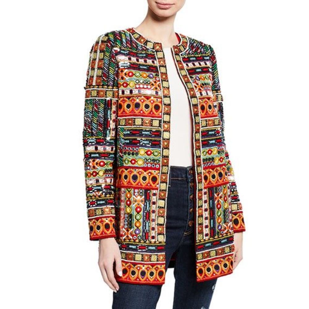 NEW Alice + Olivia Rory Embroidered Line Silk Jacket Multi Color Size: Small